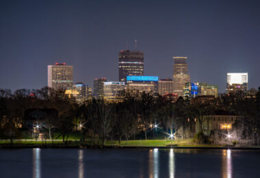 Downtown Minneapolis skyline as seen from Lake of the Isles.