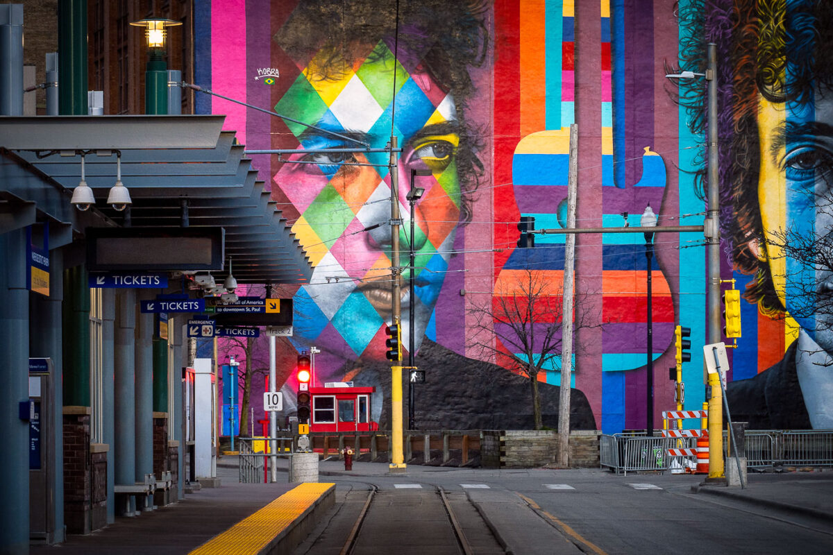 Bob Dylan Mural in downtown Minneapolis by Kobra during COVID-19 shutdown.