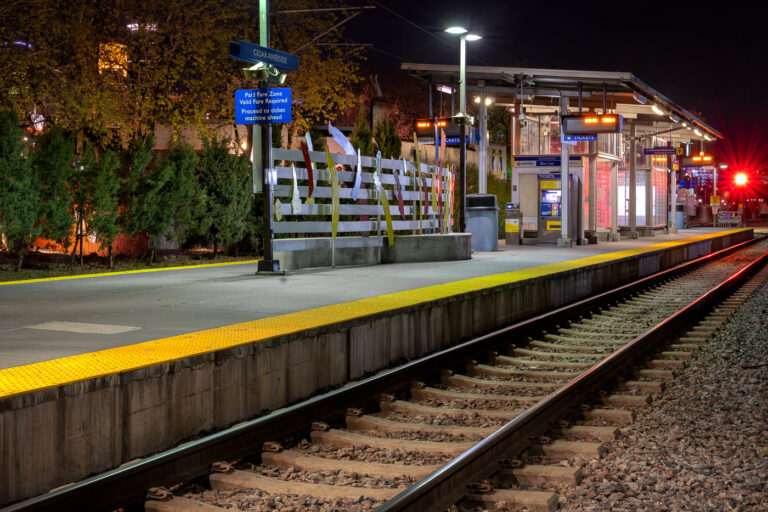 Cedar-Riverside Light Rail Platform April 2020 4 Cedar-Riverside LRT trains station in Minneapolis, Minnesota.
