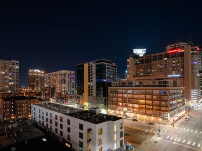 Centre Village and Hyatt Place Above Downtown Minneapolis at Night
