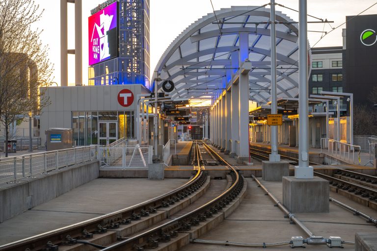 Empty Platform at Target Field Station, North Loop 2 Empty light rail platform and curved canopy at Target Field Station in the North Loop, Minneapolis.