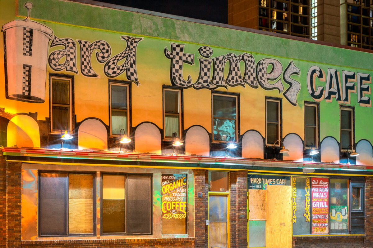 Hard Times Cafe on Riverside Drive in Minneapolis during COVID-19 closures.