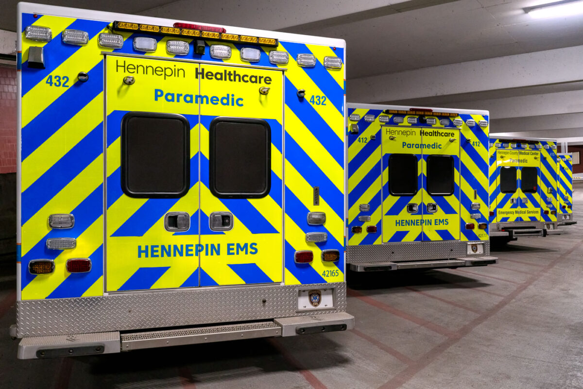 Hennepin Healthcare ambulances in Downtown Minneapolis.