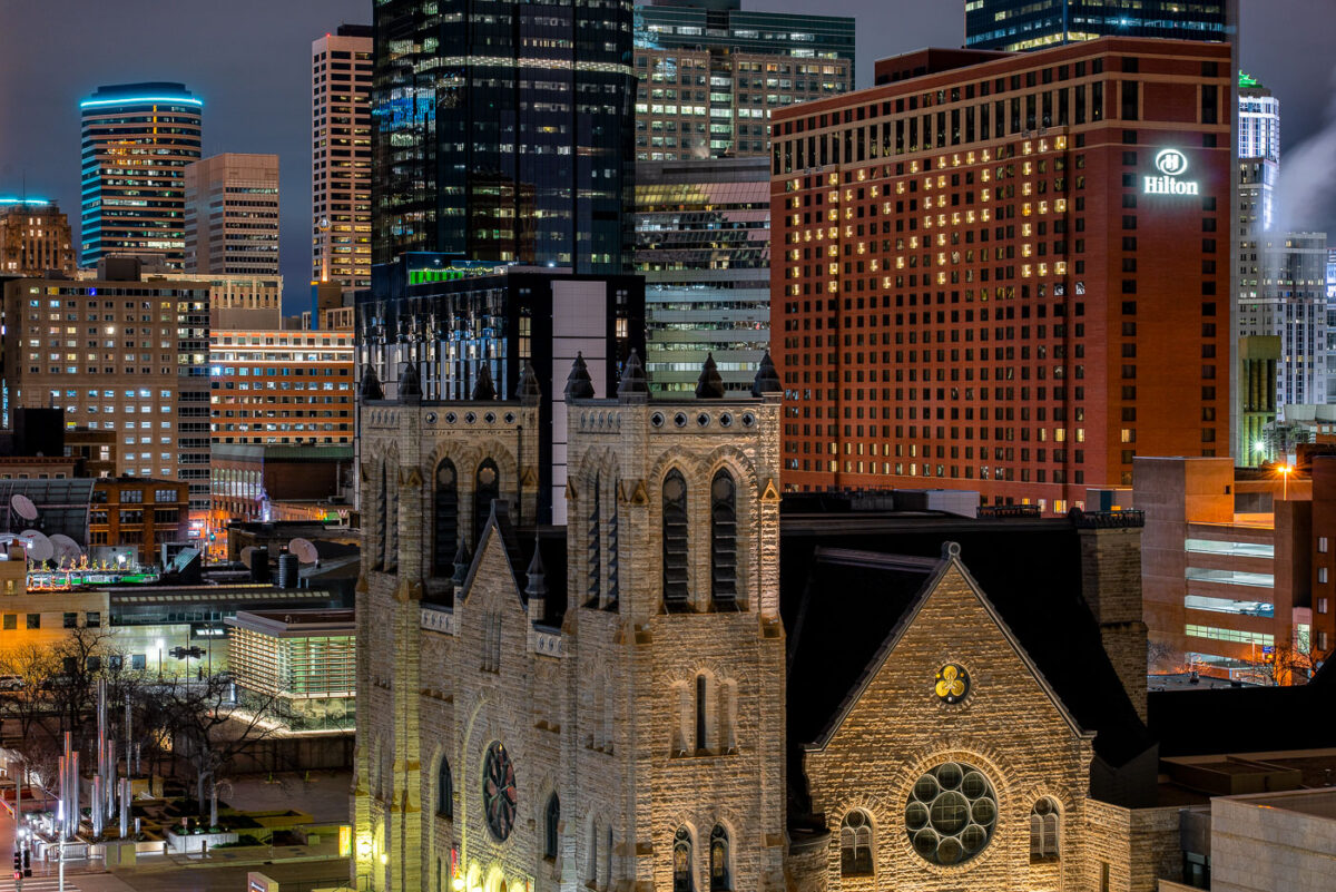 Hilton Hotel in Downtown Minneapolis lit up with a HOPE heart. Seen during the coronavirus (COVID-19) outbreak shutdowns.