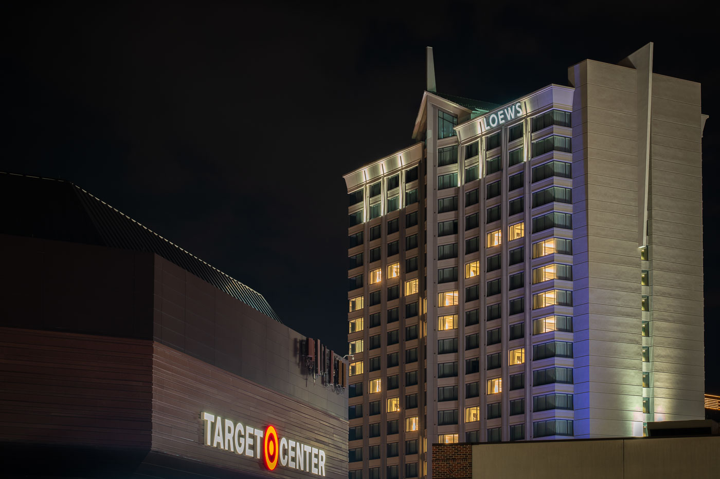 Loews hotel rooms lit up in shape of a heart