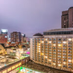 Hotels in downtown Minneapolis with rooms lit up during the coronavirus (COVID-19) outbreak.