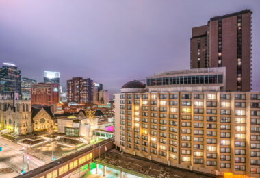 Hotels in downtown Minneapolis with rooms lit up during the coronavirus (COVID-19) outbreak.