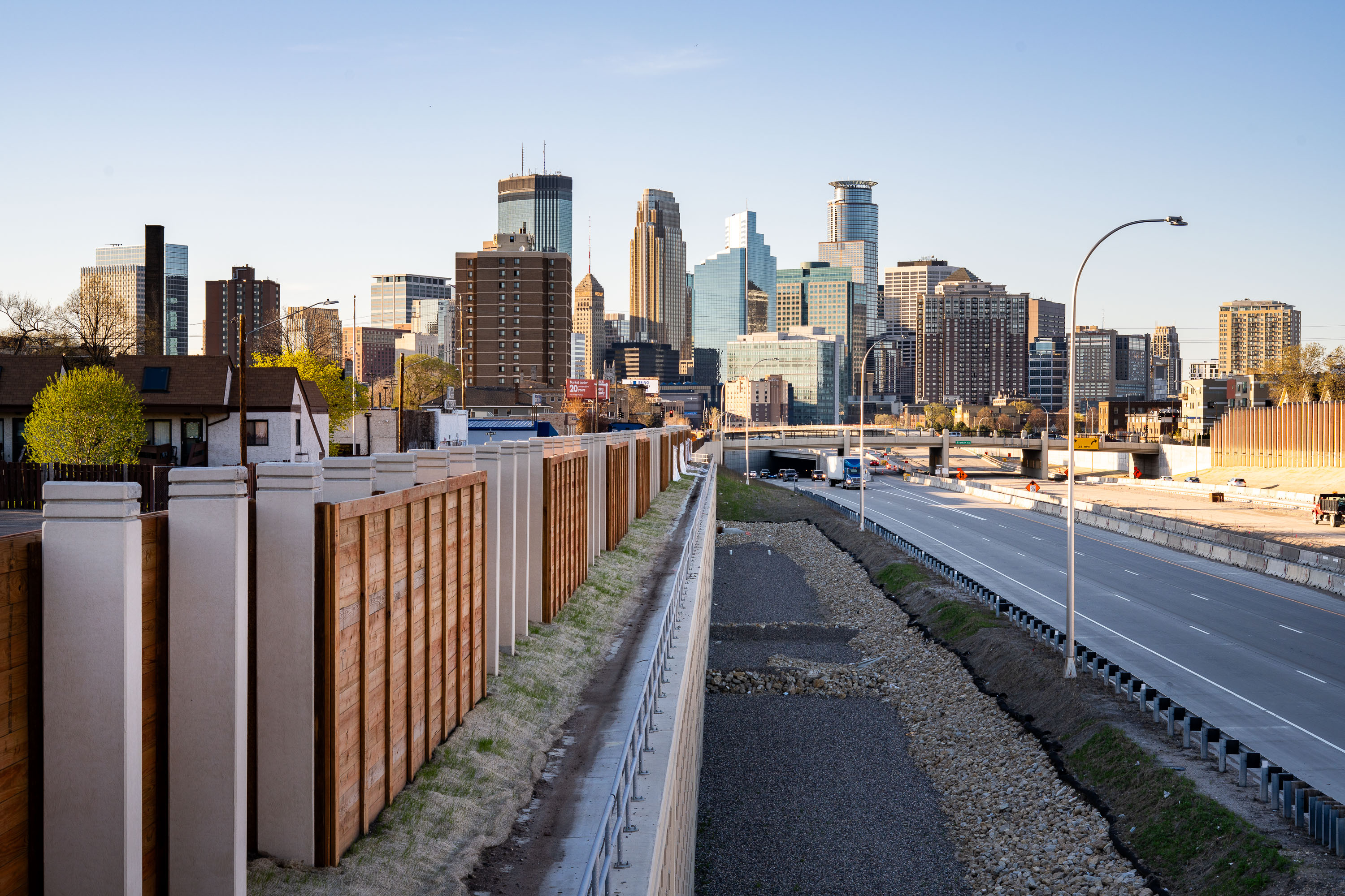 Minneapolis skyline seen from a bridge over 35W.