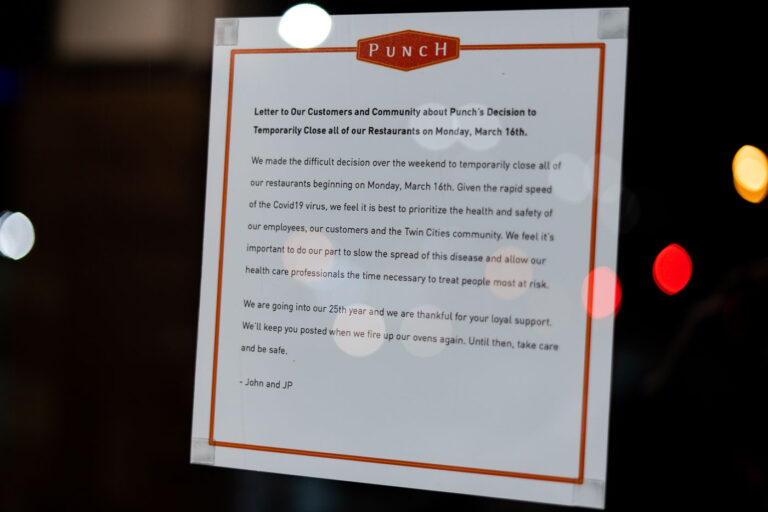 Punch Pizza COVID Closure Notice 3 A letter posted in the window of Punch Pizza announces the temporary closure of all locations beginning Monday, March 16, 2020, citing the rapid spread of COVID-19.