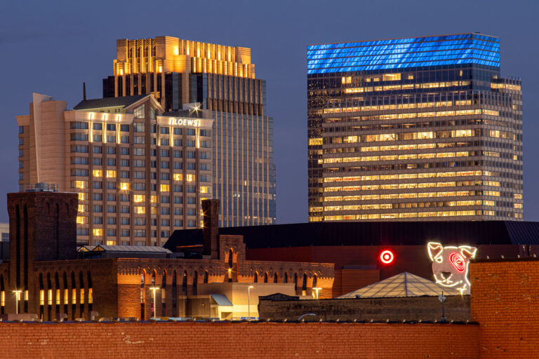 Target Headquarters and hotel hearts in Minneapolis 1 Loews Hotel, LaSalle Plaza, Target Headquarters and the Target Center in downtown Minneapolis, MN.