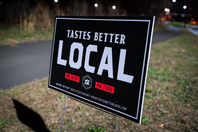 "Tastes Better Local" Yard Sign for Surly Brewing 1 Yard sign reading "Tastes Better Local" with "MN Beer" and "MN Food" labels promoting Minnesota craft beer and restaurants.