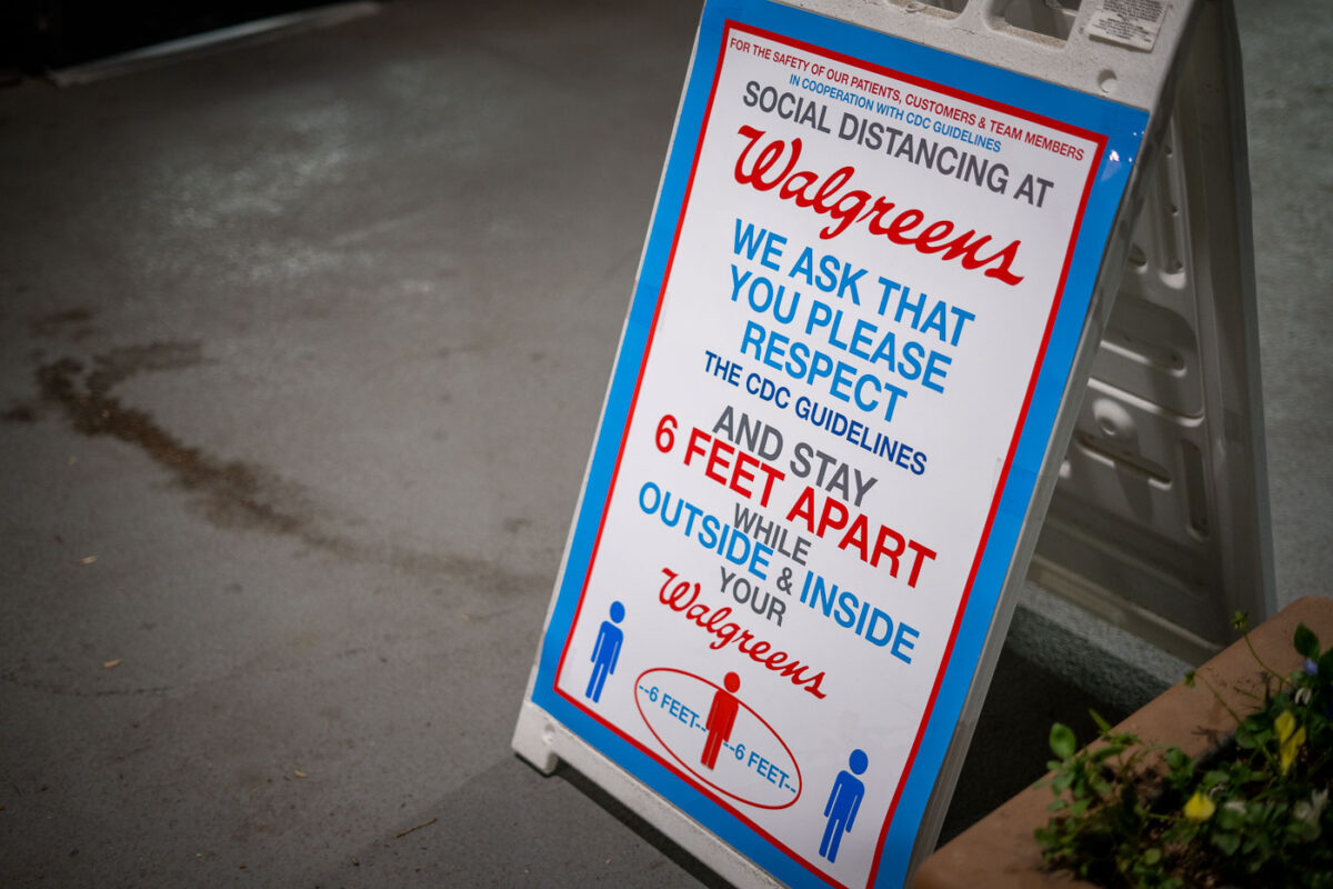Social distancing signage outside a Walgreens store in Minneapolis during COVID-19 closures.