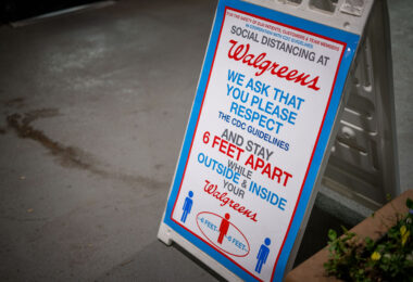 Social distancing signage outside a Walgreens store in Minneapolis during COVID-19 closures.