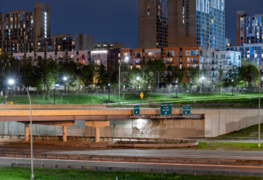 35W near downtown Minneapolis with Riverside Plaza towers.