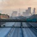 A hazy sky on I-35W on May 30, 2020 following a night of fires in Minneapolis after 4 days of protests in Minneapolis following the death of George Floyd.