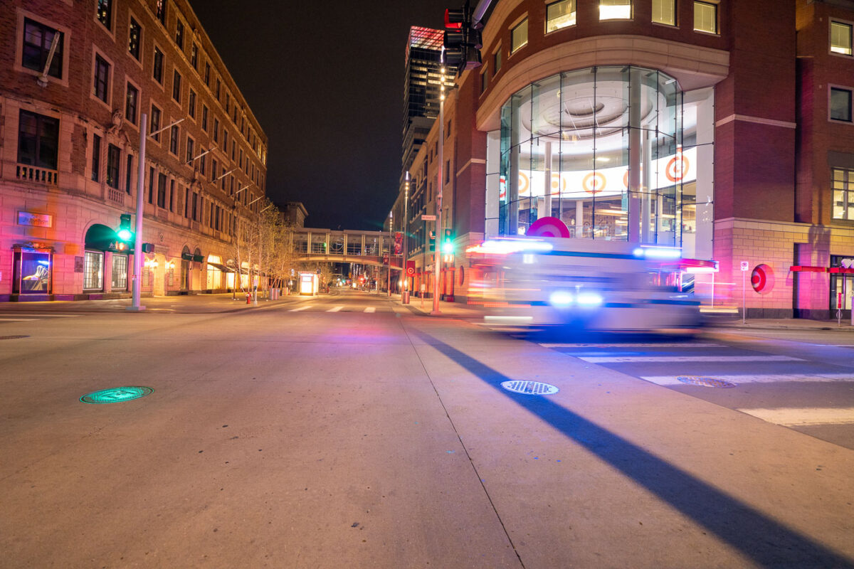 An ambulance in downtown Minneapolis on May 5th, 2020.