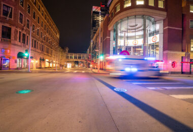 An ambulance in downtown Minneapolis on May 5th, 2020.