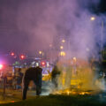 Barricades and a fire burns on the Target property on Minnehaha Ave during the 2nd day of protests in Minneapolis following the death of George Floyd.