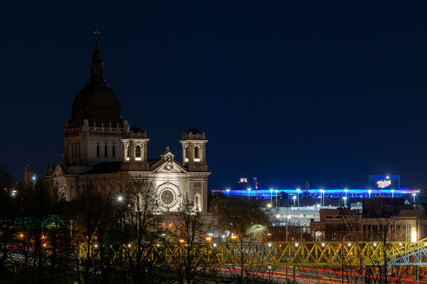 Basilica of Saint Mary and Target Field at night