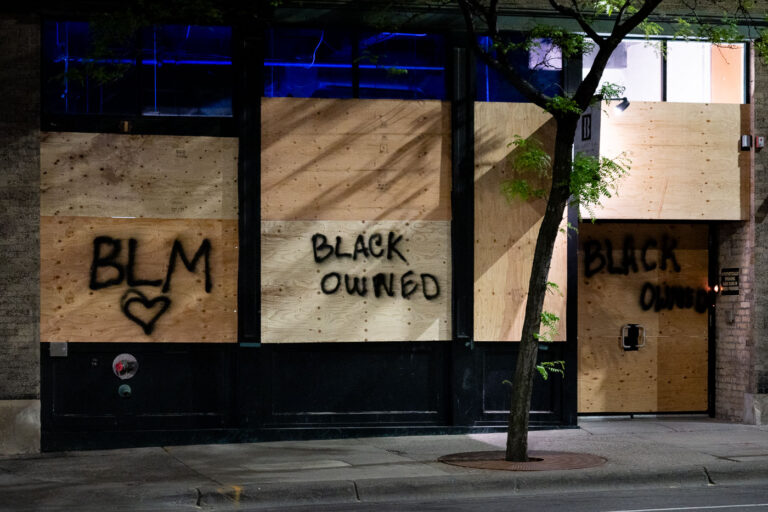 Black Owned written on boards in Downtown Minneapolis 1 Boards on businesses in Downtown Minneapolis that read “BLM” “BLACK OWNED” on the 4th day of protests in Minneapolis following the death of George Floyd.