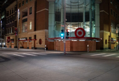 The flagship Target Store in downtown Minneapolis is boarded up during unrest over the May 25th murder of George Floyd.