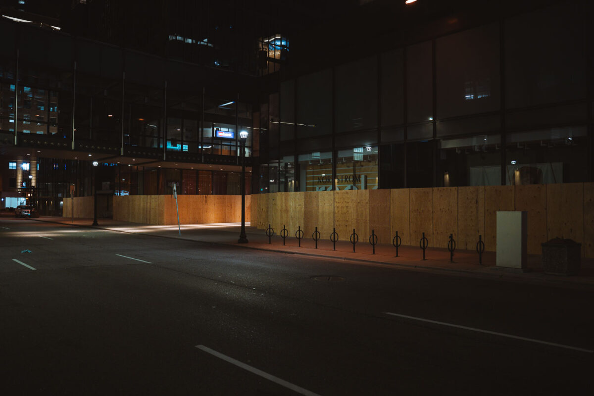 Boards on the outside of the IDS Center on Nicollet Mall during protests following the murder of George Floyd. May 2020.