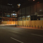 Boards on the outside of the IDS Center on Nicollet Mall during protests following the murder of George Floyd. May 2020.