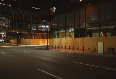 Boards on the outside of the IDS Center on Nicollet Mall during protests following the murder of George Floyd. May 2020.