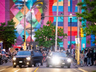 Protesters at Bob Dylan Mural, Minneapolis