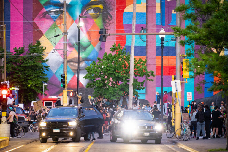 Protesters in downtown Minneapolis 4 Protesters gathered near the Minneapolis Police 1st Precinct in Downtown Minneapolis on 3rd day of protests in Minneapolis following the death of George Floyd.