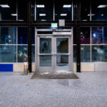 Broken windows at the Lake Street/Midtown Light Rail Station on May 28, 2020 during the 3rd day of protests in Minneapolis following the death of George Floyd.