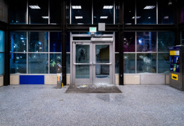 Broken windows at the Lake Street/Midtown Light Rail Station on May 28, 2020 during the 3rd day of protests in Minneapolis following the death of George Floyd.