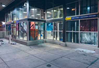 Broken windows on May 28, 2020 at the Lake Street/Midtown Station on the 3rd day of protests in Minneapolis following the death of George Floyd.