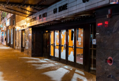 Broken windows at the Uptown Theatre on Hennepin Ave during the 3rd day of protests in Minneapolis following the death of George Floyd.