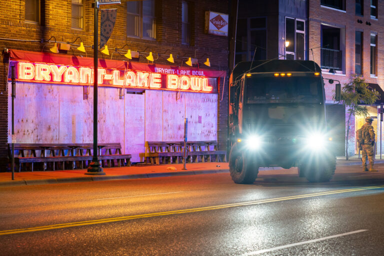 Bryant-Lake Bowl on Lake Street with National Guard 2 The Minnesota National Guard in front of Bryant-Lake Bowl in Uptown Minneapolis on May 30, 2020 during the Minneapolis Uprising and 4th day of protests in Minneapolis following the death of George Floyd.