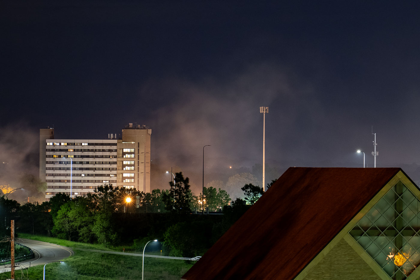 Buildings burning during riots as seen in Downtown Minneapolis.