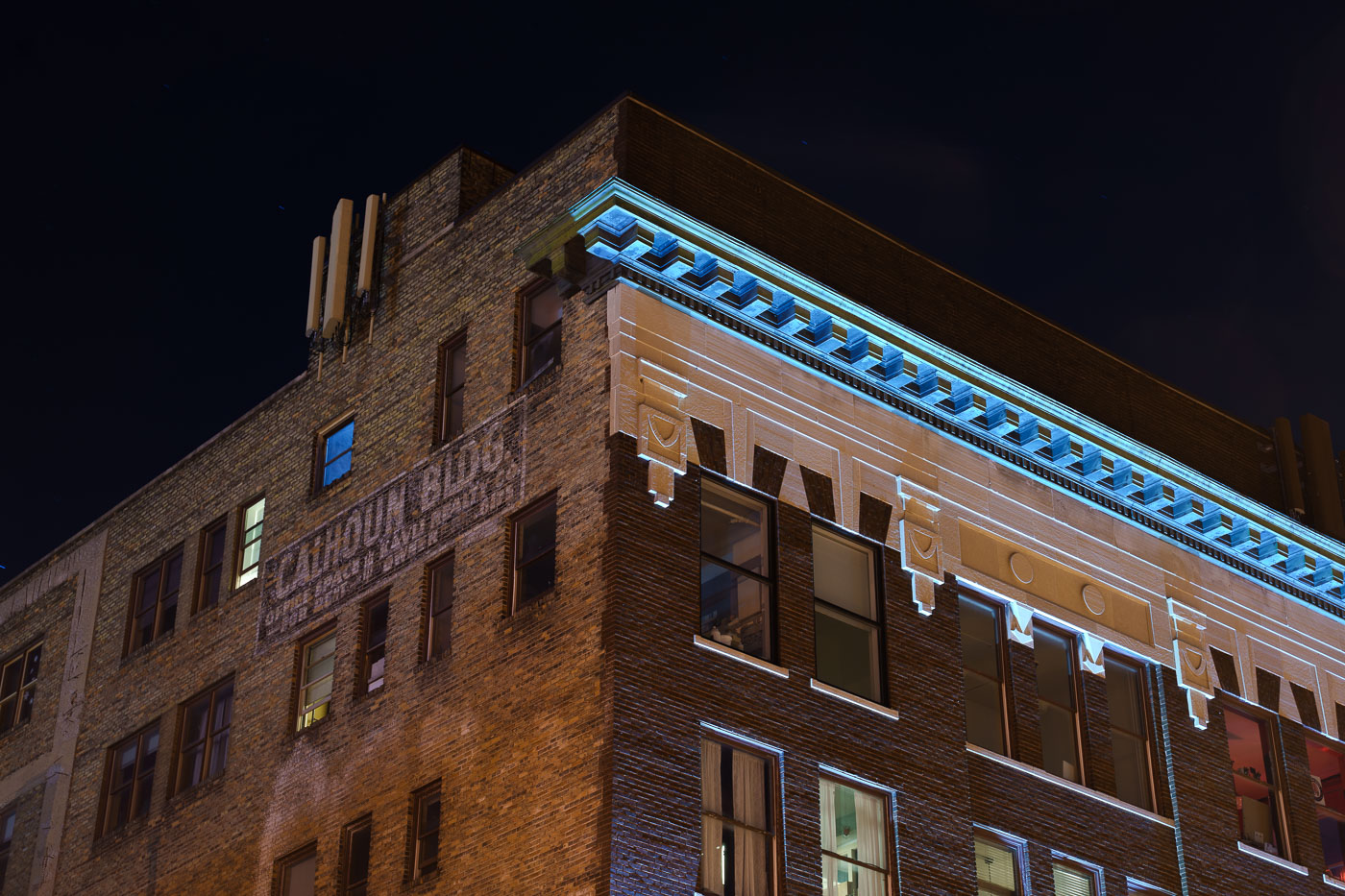 Calhoun building architecture at night