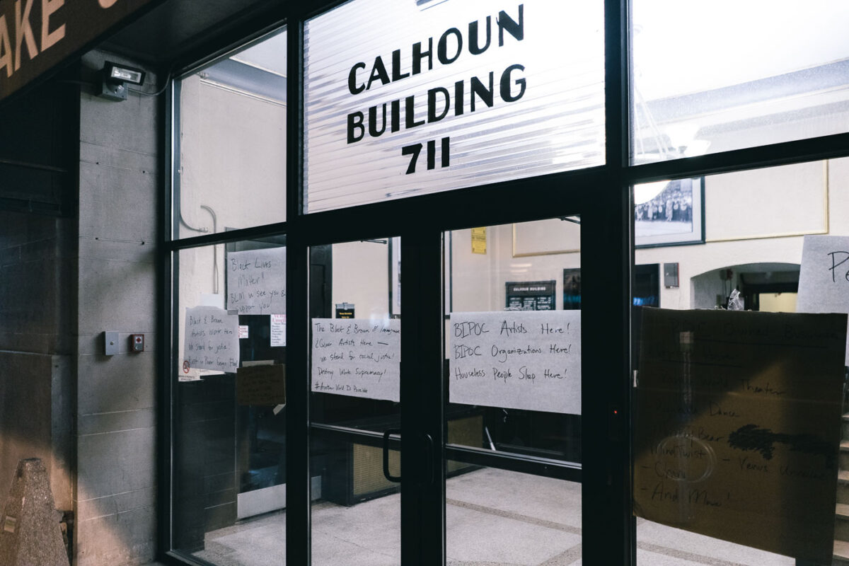 Signage on the Calhoun Building at 711 Lake Street reading BIPOC Artists Here! This on the 3rd day of protests in Minneapolis following the death of George Floyd.