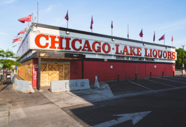 Chicago-Lake Liquors on Lake Street with boards on it after nights of protests over the death of George Floyd.