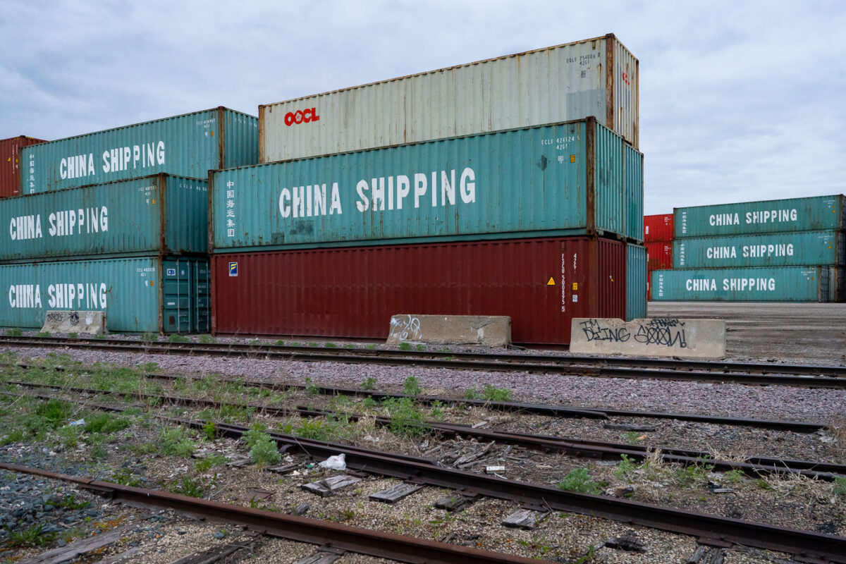 Shipping containers in a Minneapolis rail yard near the University of Minnesota-Twin Cities.