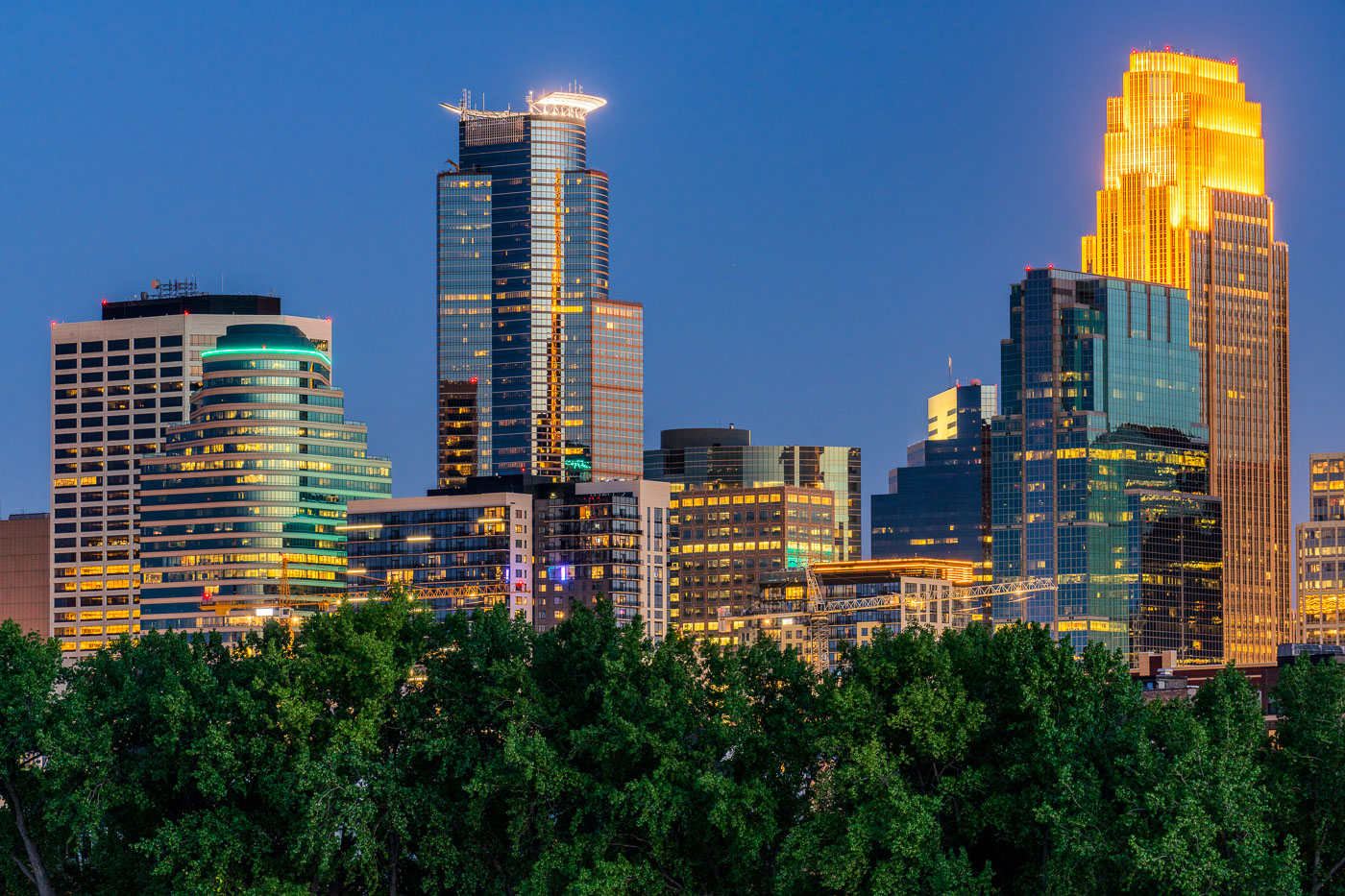 Colorful minneapolis skyline as seen form boom island