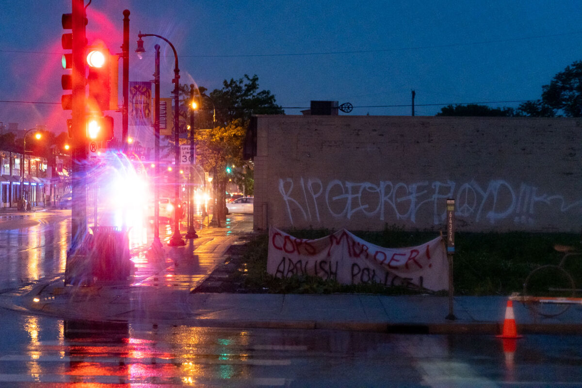 Banners and graffiti on Lake Street in South Minneapolis the day after George Floyd was killed.