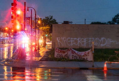 Banners and graffiti on Lake Street in South Minneapolis the day after George Floyd was killed.