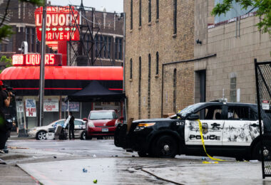 Destroyed Minneapolis Police squad car outside the Minneapolis police 3rd precinct police station on May 26, 2020.