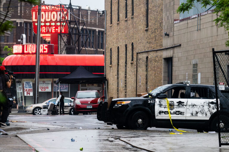 Damaged Minneapolis Police Squad Car 1 Destroyed Minneapolis Police squad car outside the Minneapolis police 3rd precinct police station on May 26, 2020.