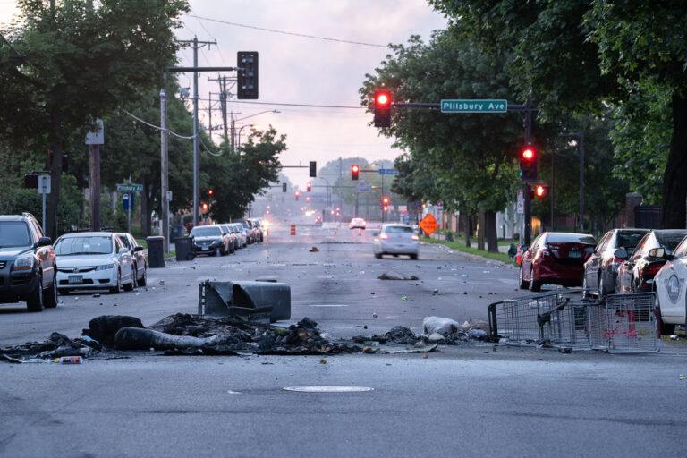 Pillsbury Ave filled with debris following a night of fires 1 Debris in the road from fires as the sunrises over Pillsbury Ave in South Minneapolis on May 30, 2020 following the 4th day of protests in Minneapolis following the death of George Floyd.