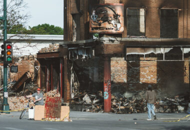 El Nuevo Rodeo Restaurant on Lake Street in South Minneapolis. The building was burned during protests following the murder of George Floyd.