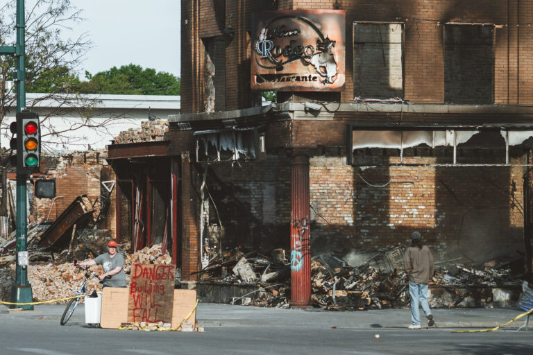 Danger Building Will Fall 1 El Nuevo Rodeo Restaurant on Lake Street in South Minneapolis. The building was burned during protests following the murder of George Floyd.