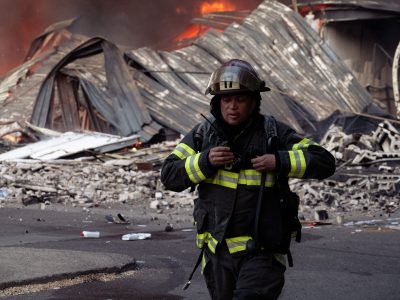 Firefighter at O'Reilly Auto Parts Fire, Nicollet Ave