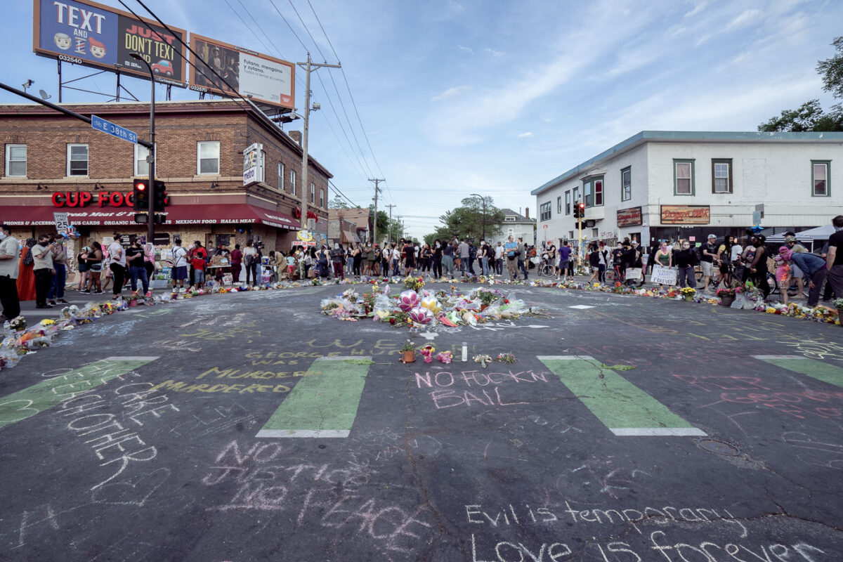 Flowers placed at the middle of 38th and Chicago in South Minneapolis.